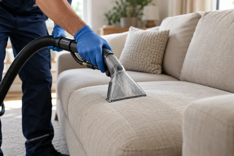 Upholstery extraction cleaning on a fabric sofa